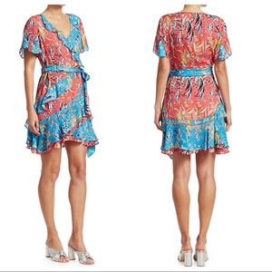 Tanya Taylor Bianka Two-Tone Print Wrap Dress COLOR Botanical Floral Guava